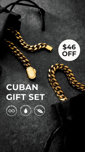 This ad features a gold Cuban link chain and bracelet set offered with a limited-time discount.