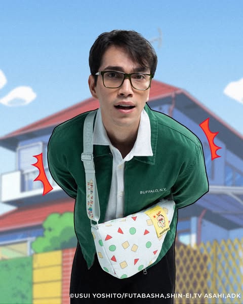 This ad features a man wearing a sling bag with a cartoon pattern while standing in front of an animated background. The