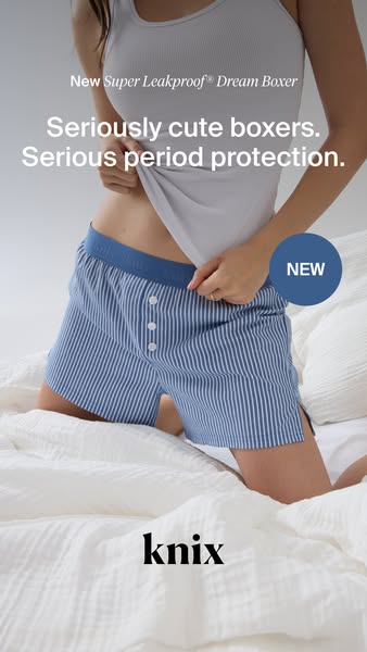 An image ad for Knix brand leakproof Dream Boxer. The ad shows a model in the shorts and a tank top, with text describin