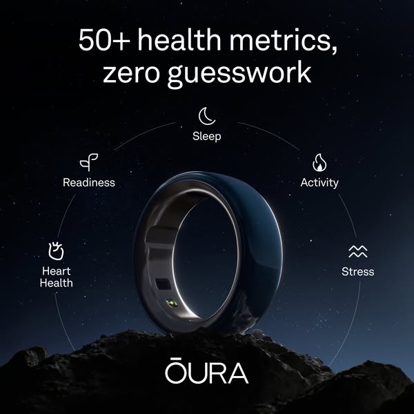 This ad showcases the Oura ring, a health and wellness wearable, highlighting its ability to track over 50 health metric