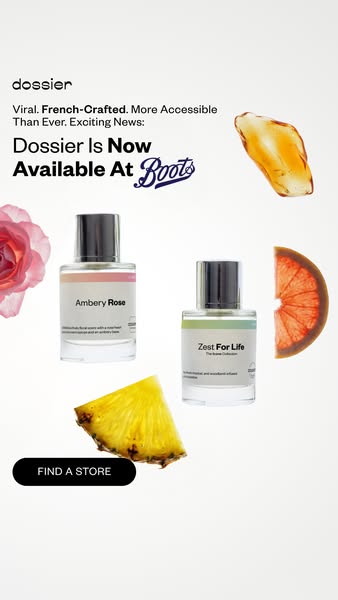 This ad promotes Dossier perfumes, highlighting their viral, French-crafted, and accessible nature. It features two of t