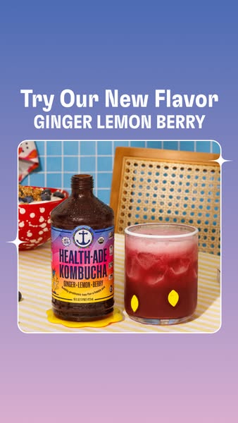 An image ad for Health-Ade Kombucha promotes their new Ginger Lemon Berry flavor. The ad features a product shot of the 