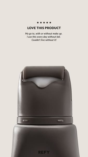 A close-up of a Refy product in a gray package with a testimonial about how much someone loves the product.