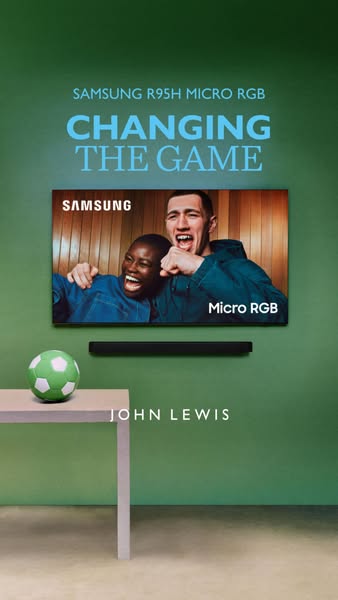 This image ad showcases a Samsung R95H Micro RGB television. The creative is set in a room designed with a green wall wi