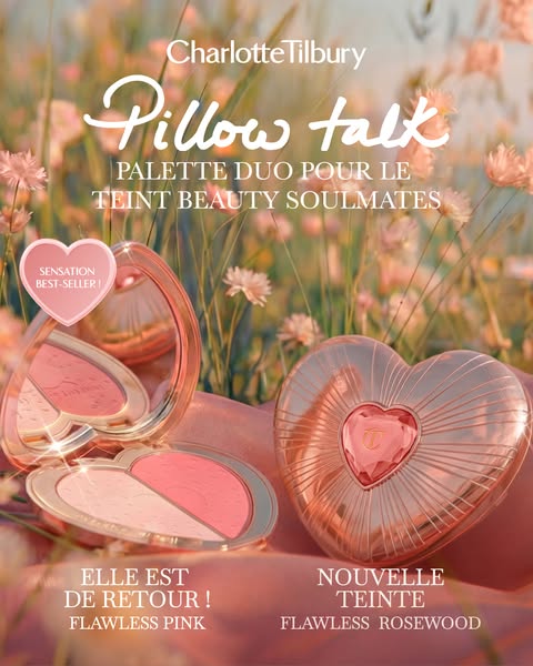 This ad showcases Charlotte Tilbury's Pillow Talk Palette Duo. The ad features soft, romantic lighting and a pastel 