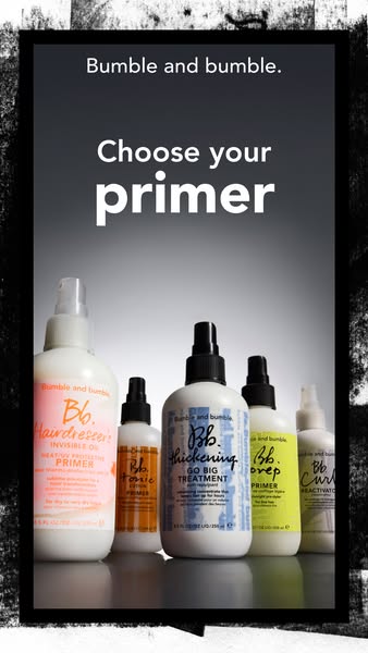 This image ad promotes Bumble and bumble's line of hair primers. The products are showcased in front of a gray backd