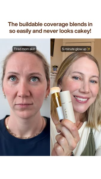 This ad showcases the Ogee product transforming the skin of a 'tired mom' into a '5 minute glow up'. The