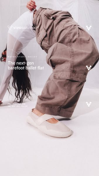 This ad features the Vivobarefoot Motus Studio Ballet flat. The visual is a full shot of a person wearing the ballet fla