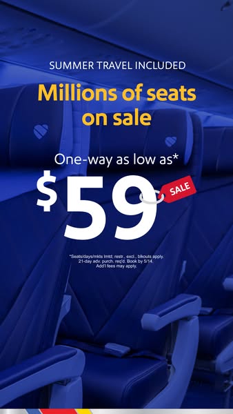 This ad promotes seat sales for flights during the summer. It highlights the availability of millions of seats and adver
