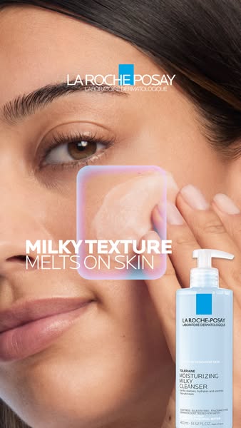 This image ad promotes La Roche-Posay Toleriane Moisturizing Milky Cleanser. It showcases the product's texture and 