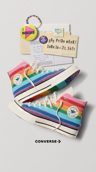 This ad showcases the Converse Pride collection, referencing the first Gay Pride week in 1971. The image includes the sh