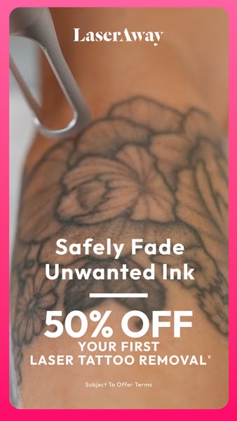 The ad shows a close up of a flower tattoo on human skin, with a tattoo removal laser being used on the tattoo. It adver