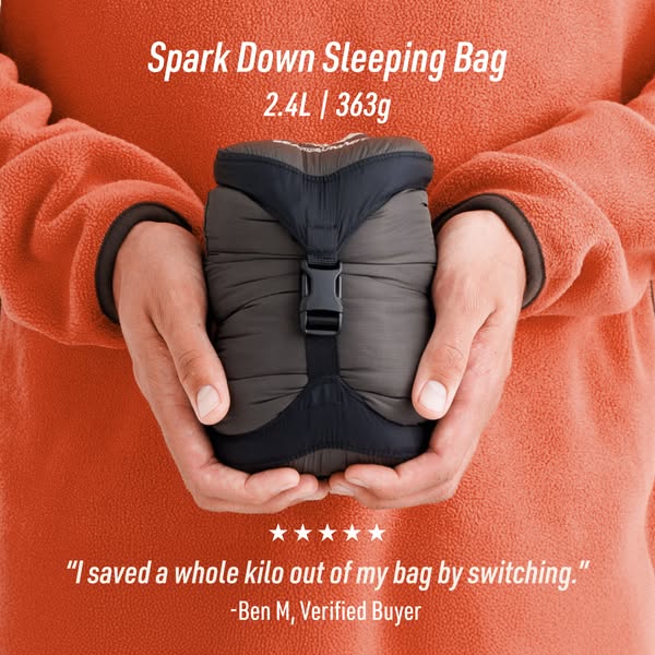 This ad features a single image showing a packed Spark Down Sleeping Bag held in a person's hands. The ad calls out 