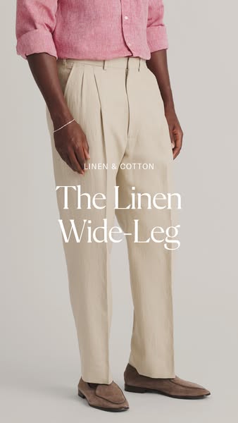 The ad showcases linen and cotton wide leg pants, emphasizing their material composition and silhouette. It targets indi
