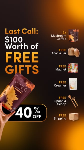 This image ad promotes Ryze Mushroom Coffee and highlights a current offer including a discount of 40% off and $100 wort