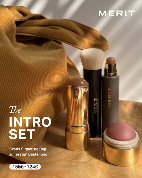This ad showcases Merit's intro makeup set, highlighting the products and a special offer of a free signature bag wi