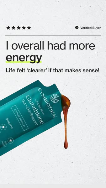 This ad features a customer testimonial for Cymbiotika's Liposomal Glutathione product. The testimonial focuses on i