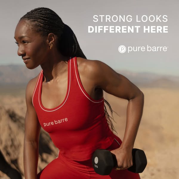 This ad for Pure Barre features a Black woman using hand weights outside, emphasizing strength and fitness.