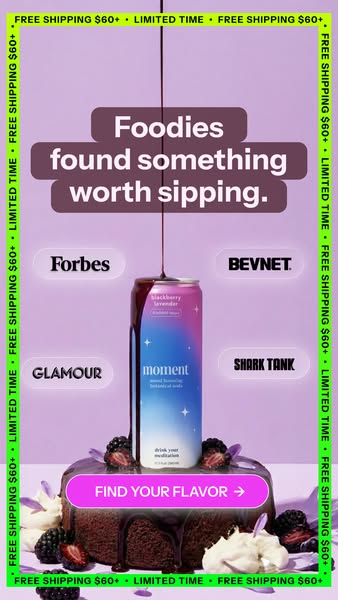 This ad showcases Moment's Blackberry Lavender sparkling botanical soda and uses a pouring shot to demonstrate the p