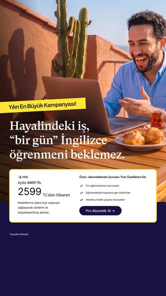 An image ad for an online English language learning platform. It emphasizes not delaying your goals, features a special 