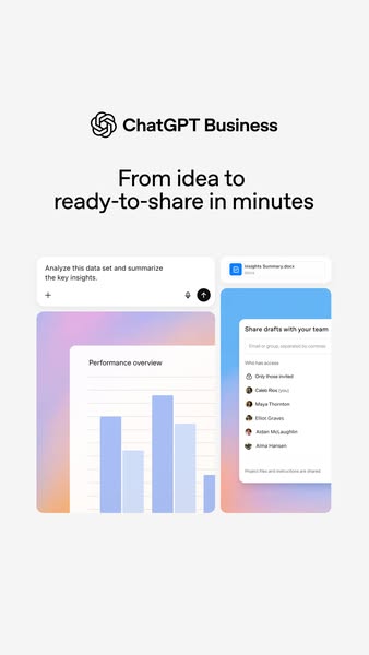 This ad promotes ChatGPT Business by showing how ideas can be turned into ready-to-share materials in minutes. The ad sh