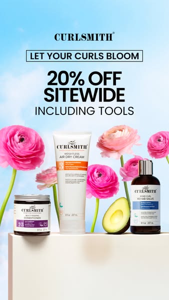 This image ad from Curlsmith promotes a sitewide sale of 20% off, including tools. Three different Curlsmith products ar