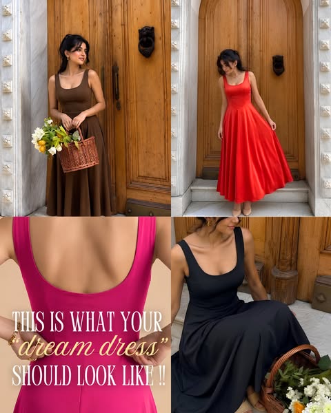 This ad features four distinct images of a woman wearing a dress. A text overlay on one of the images states that this i
