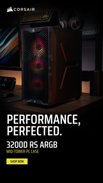 This ad showcases the Corsair 3200D RS ARGB mid-tower PC case, highlighting its performance and sleek design. It feature