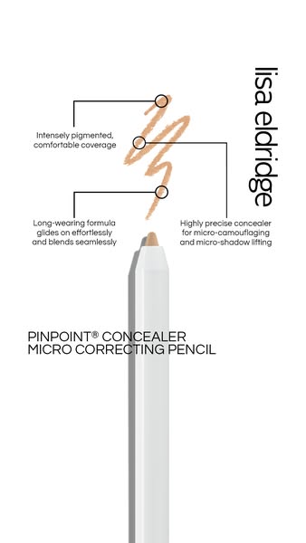 Image ad highlighting the lisa eldridge PINPOINT® CONCEALER MICRO CORRECTING PENCIL and its benefits, including intense 
