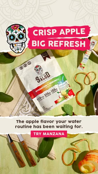 An ad for Salud crisp apple hydration drink mix features the product packaging along with apple slices, peeled apple ski
