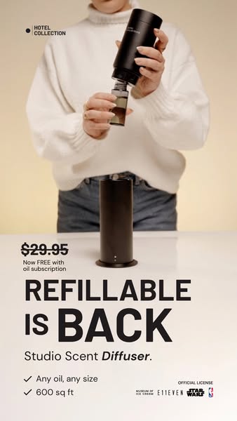 This image ad for Hotel Collection promotes their Studio Scent Diffuser. The ad highlights the product's refillable 