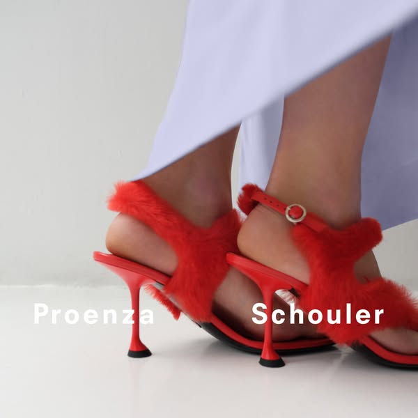 This ad features red Proenza Schouler heels. The image focuses on the shoe and uses the brand name as a design element.