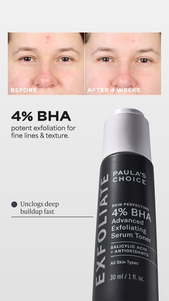 An image ad featuring Paula's Choice 4% BHA Advanced Exfoliating Serum Toner. The ad highlights the product's ab