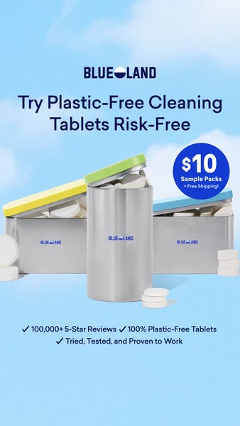An image ad for Blueland cleaning tablets. The ad promotes the product as plastic-free and highlights a limited-time off