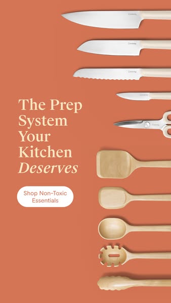 This image ad for Caraway promotes their non-toxic kitchen essentials. The ad features a selection of knives and cooking