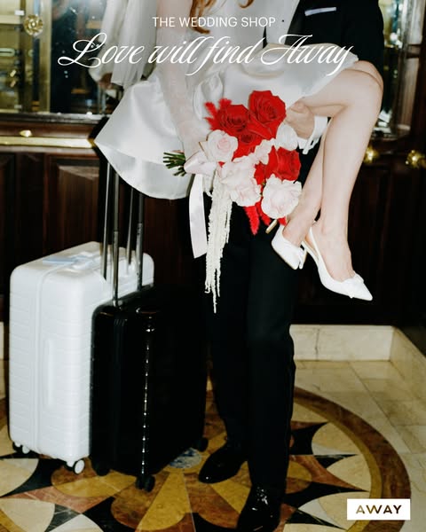 This ad showcases Away luggage in the context of a wedding celebration, appealing to couples who value travel and style 