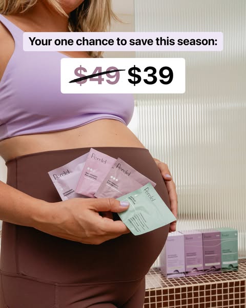 Ad for Perelel, a prenatal vitamin in daily packet form, featuring a pregnant woman holding a few packets and emphasizin
