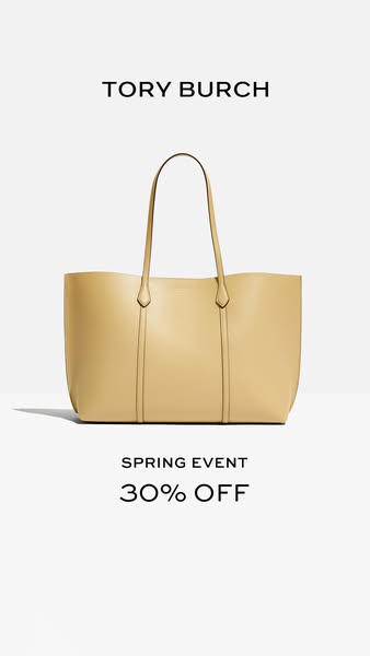 This ad features a luxury Tory Burch tote bag with a light yellow neutral background. The ad highlights a limited-time s