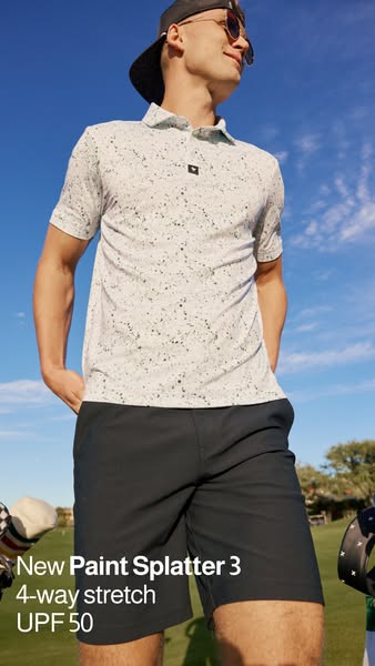 An ad featuring a man wearing a golf polo shirt and shorts. The ad highlights the shirt's unique paint splatter desi