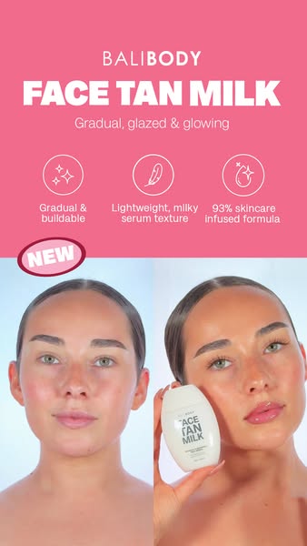 This ad uses a before and after split screen to demonstrate the effects of BaliBody FACE TAN MILK. In the top portion of