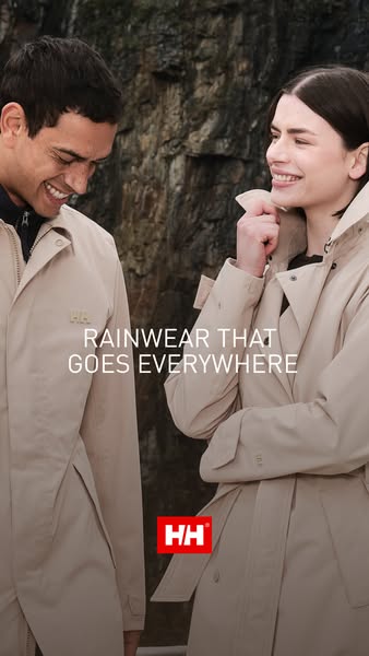 An image ad featuring a man and woman in light-colored raincoats, with text promoting the rainwear's versatility.