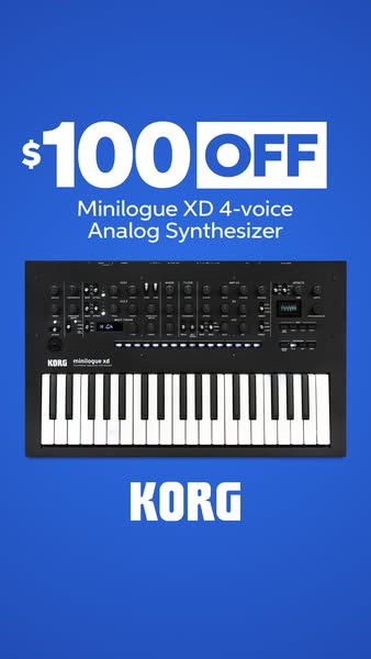 This image ad showcases the Korg Minilogue XD 4-voice Analog Synthesizer with a promotional offer of $100 off. The ad fe