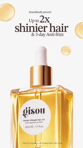 This ad promotes Gisou's Honey Infused Hair Oil, highlighting its scientifically proven ability to provide up to 2x 