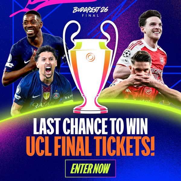 This image ad promotes a contest to win tickets to the UCL Final in Budapest 2026. It features four soccer players in th