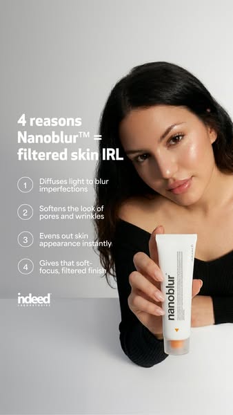 A vertical image ad for Nanoblur featuring a woman holding a tube of the product. The ad lists four reasons why Nanoblur