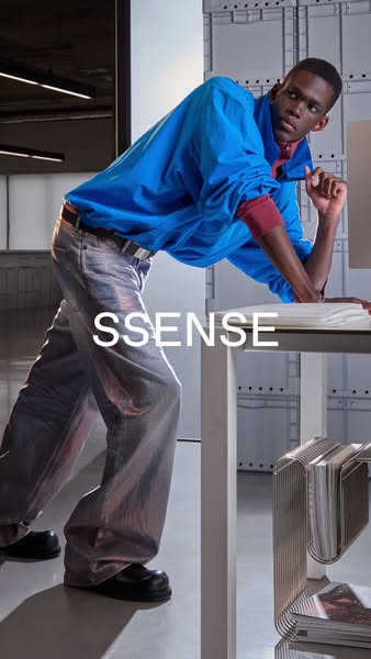 This ad features a model wearing clothing from SSENSE. The image focuses on presenting the SSENSE brand through a visual