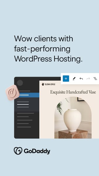 This ad promotes GoDaddy's WordPress hosting, emphasizing its speed and ability to impress clients. The ad features 