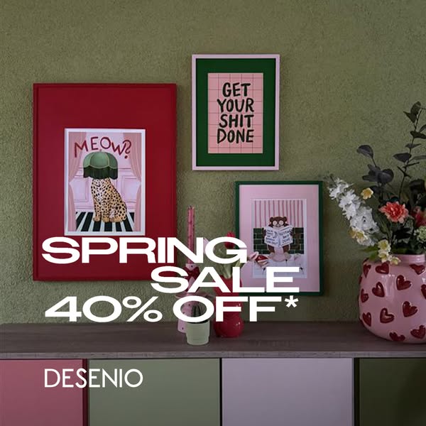 This ad features a room scene with three framed art prints from Desenio on a green wall, with the text overlay 'SPRI