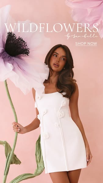 This ad showcases a white dress, emphasizing its design details and the brand's association with elegance and nature