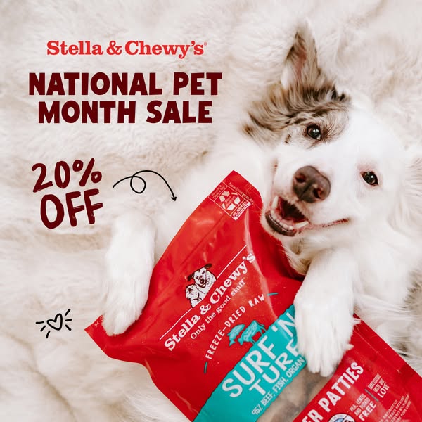 This ad for Stella & Chewy's promotes a sale during National Pet Month, featuring a happy dog with a bag of Surf